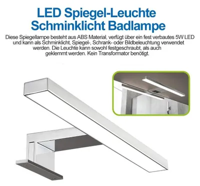 Zdjęcie produktu dla Oświetlenie LED do lustra, 60 cm, lampa do łazienki, lampa do makijażu, lampa ścienna, montaż bez wiercenia, IP44, światło białe (zimne), 5-9 W, do łazienki, lustra i toaletki, z wtyczką