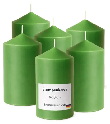 Produktbild von HS Candle 6er Pack Stumpenkerzen Grün, Ø 6 cm x 10 cm, ca. 25 h Brenndauer, matt-glattes Finish, Baumwolldocht, Herstellung in der EU, für Tischdeko und Adventskranz