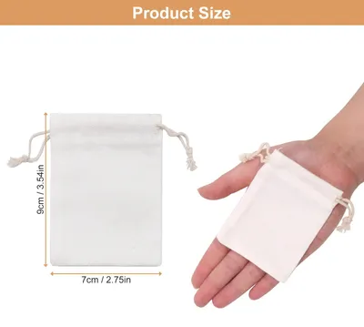Imagen del producto de 20 bolsas de muselina, mini bolsas de algodón blancas de 7x9 cm con cordón para regalos