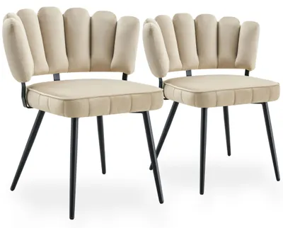 Productafbeelding van Set van 2 fluwelen eetkamerstoelen met een bloemvormige rugleuning en een metalen frame, beige kleur