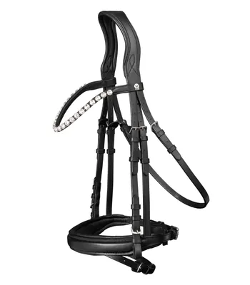 A black leather horse bridle with decorative rhinestones on the browband, shown against a white background.