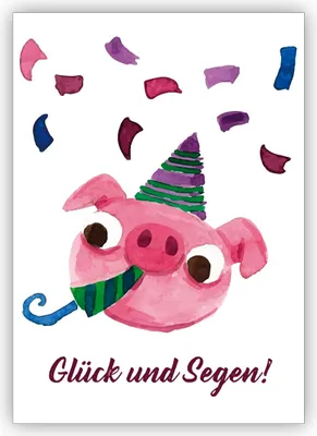 Produktbild von Süße gemalte Grußkarte mit Party Schweinchen als Glückwunschkarte zum Übertritt, Einschulung, Geburtstag und alle neuen Wege: Glück und Segen