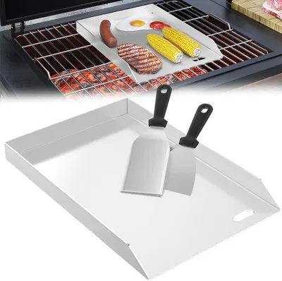 Productafbeelding van QEENTOE Roestvrijstalen grillplaat, 30x45x4 cm, universele plancha met vetopvangbak, grillplaat voor gas- en houtskoolgrills, BBQ-accessoire
