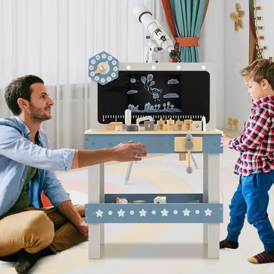 Produktbild von Kinder Werkbank aus Holz mit Tafel & Uhr & 61 Zubehören für Kinder ab 3 Jahren Blau