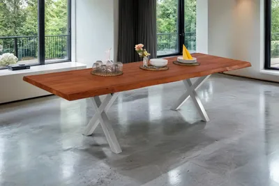 Produktbild von Esstisch mit Ansteckplatten 200(300)x100 cm Baumkante Akazie nussbaum X-Gestell silber CALI