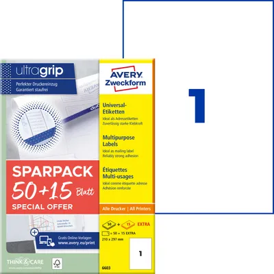 Produktbild von Avery Zweckform 6603, Universal-Etiketten, A4, Qualitätsdruck mit: ultragrip, 210 x 297 mm, 65 Etiketten / 65 Bögen, weiß