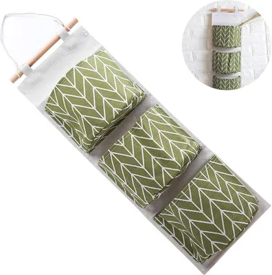 Produktbild von Hängeaufbewahrungstasche mit 3 Fächern, ideal zum Aufhängen an der Tür oder im Kleiderschrank. Aus Leinen und Baumwolle gefertigt, wasserdicht und perfekt für Schlafzimmer, Badezimmer und Küche.