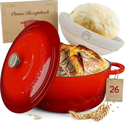 Imagen del producto de Molde para pan de 26 cm, incluye cesta de fermentación. Olla de hierro fundido para hornear pan. Olla esmaltada, olla para estofar, hierro fundido, accesorios para hornear pan