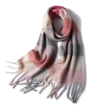 Produktbild von Damen Schal XXL Strickschal Karo Grau Rosa 240 x 38 cm