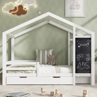 A child's bed with a house frame, drawers, and a chalkboard.