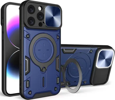 Produktbild von Handyhülle für iPhone 16 Pro Max Dual-Layer Stoßfest Rüstung Hülle mit Dia Kameraschutz und Kreisförmig Ring Ständer Blau