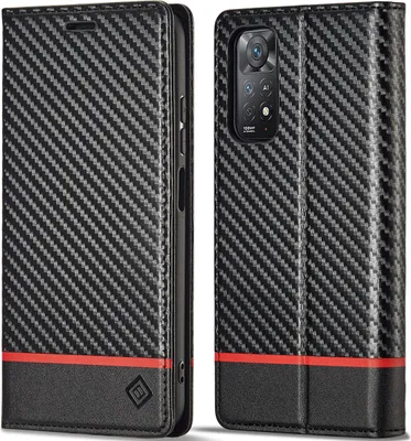 Image de Etui pour Xiaomi Redmi Note 11 Pro 5G/4G Etui en cuir carbone avec porte-cartes, aimant et support Noir Horizontal Rouge