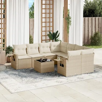Produktbild von Design 9-tlg. Garten-Sofagarnitur mit Kissen Beige Poly Rattan, Gartenmöbel-Sets 2024 Neu