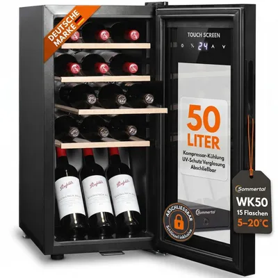 Produktbild von Sommertal WK 50 Weinkühlschrank – 15 Flaschen, 5–20 °C einstellbar, abschließbar, LED-Beleuchtung, Glastür, Touchscreen