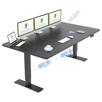 A black adjustable standing desk with multiple monitors, a laptop, a coffee cup, and schematic diagrams of its lifting mechanism.