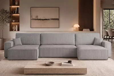 Image de Canapé d'angle Kaiser avec fonction couchage et coffre de rangement, canapé d'angle BEST U XL, tissu Poso gris