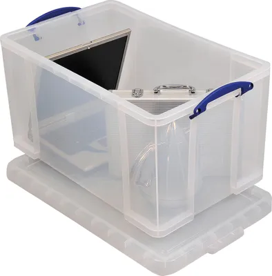 A clear plastic storage box with blue handles, containing a laptop and a briefcase.