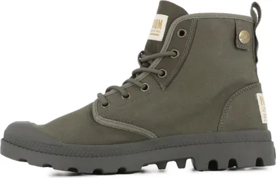 A single olive green Palladium boot is shown from the side against a white background.