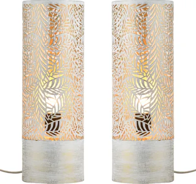 Produktbild von Marrakesch 2er Set Tischlampe Nachttischlampe 41cm groß | Boho Deko Lampe im Wohnzimmer Schlafzimmer oder Kinderzimmer | Skandinavische Tischleuchte Verdure aus Metall weiß gold E27 Lampenfassung