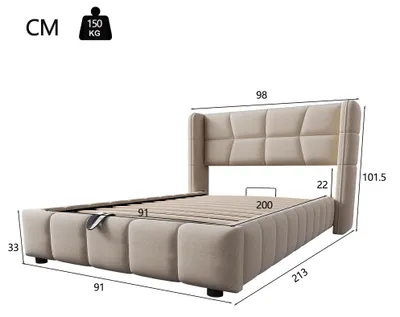 Obrázek produktu pro Čalouněná postel 90 x 200 cm – dětská postel s roštem – dřevěný rám – látkový potah – úložný prostor s plynovou pružinou – béžová