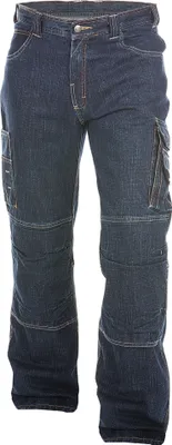 A pair of dark blue work jeans with multiple pockets.