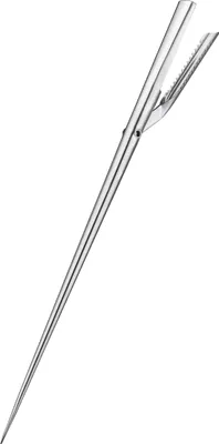 A single, silver surgical instrument with a pointed tip and a clamp at the other end, isolated on a white background.