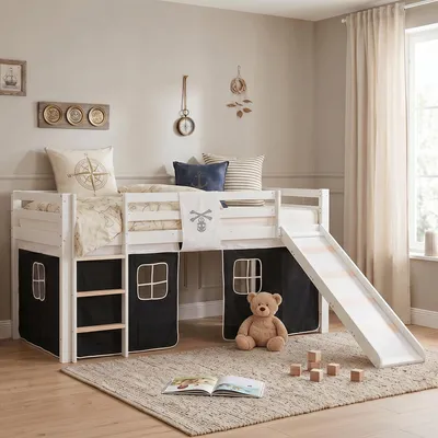 Produktbild von Homestyle4u Hochbett 90x200 mit Rausfallschutz Kinder mit Rutsche Leiter Vorhang Pirat Massivholz Kiefer Weiß