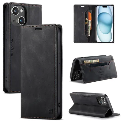 Obrázek produktu pro Pouzdro pro iPhone 15 Plus, RetroPolyuretanKožené Pouzdro, Stojánek a Ochranné Pouzdro černé