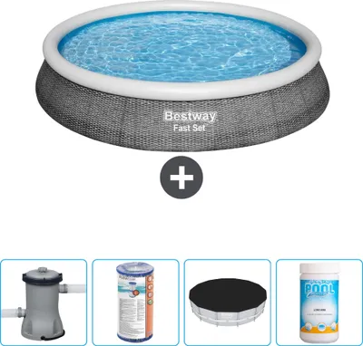 Produktbild von Bestway runder aufblasbarer Fast-Set-Pool – Rattan-Druck – 396 x 84 cm – inklusive Pumpe Filter - Abdeckung - Chlor