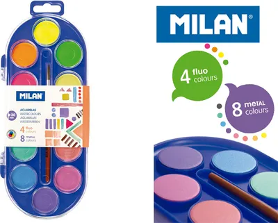 Immagine prodotto di MILAN Akwarele Fluo i Metaliczne 12 kolorów, pędzelek