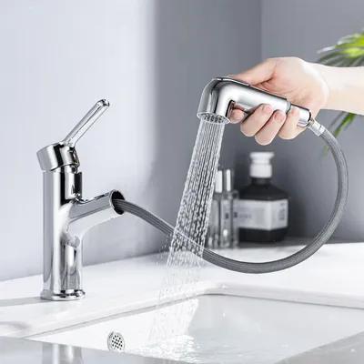 Zdjęcie produktu dla Bateria umywalkowa z wyciąganą wylewką - 2 tryby strumienia - Bateria do umywalki