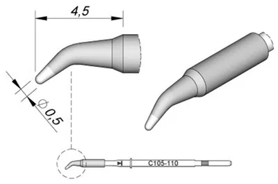 Obrázek produktu pro JBC pájecí hrot řady C115, kulatý tvar, C115110/Ø 0,5 mm, zahnutý C115110