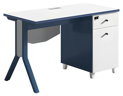 Produktbild von Schreibtisch in Blau und Weiß mit modernen Beinen Stauraum eleganter Oberfläche