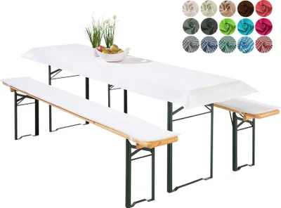 Produktbild von heimtexland ® Bierzeltgarnitur Auflagen Set 3-teilig Tischdecke Bierbank Polster Sitzkissen Tischdeko Typ698 Weiß für Tischmaß 70x220 cm