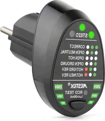 Zdjęcie produktu dla Przenośny tester wtyczek: test RCD, neutralność, polaryzacja, uziemienie, wtyczki UE