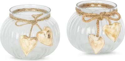 Produktbild von 2er Set Windlicht B x H: 13x10cm Glas Rund Teelichthalter Deko Herzen