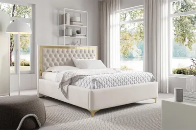 Produktbild von MEBLINI Arona Gold Polsterbett 180x200 mit Stauraum - Lattenrost und Bettkasten - Kopfteil Bett mit Stauraum - Doppelbett - Stauraumbett - Betten - 180x200 - Beige Samt ohne Matratze