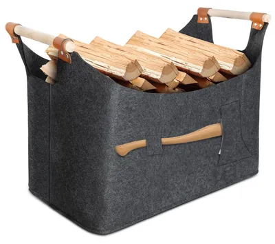 Image de Panier en feutre pour bois de cheminée, dimensions 55 x 40 x 32 cm, capacité 72 litres, avec poche pour hache, pliable