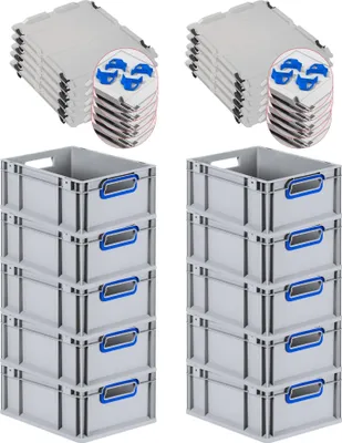 Produktbild von SuperSparSet 10x Eurobox NextGen Color mit Auflagedeckel und Schiebeschnappverschlüsse | HxBxT 17x30x40cm | 16 Liter | Grau | Griffe blau offen | Glatter Boden | Eurobehälter, Transportbox, Transportbehälter, Stapelbehälter