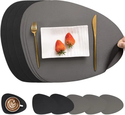 Produktbild von Tischsets Leder und Untersetzer, Tischsets Abwaschbar Rund Doppelseitigen rutschfest Platzdeckchen Leder Kunstleder Tischset Lederoptik Platzset (Grau Schwarz, Satz von 6)