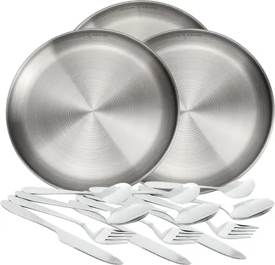 Produktbild von Black Snake® Camping Set - flacher Edelstahl Teller mit Lunch-Besteck und Neopren-Etui - robustes Outdoor Geschirr für Camping, Wandern & Picknick - 3 Personen