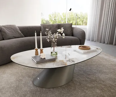 Produktbild von DELIFE Couchtisch Edge Oval 140x75 cm Keramik Minas Melange Conis Metall Effektfinish Titan