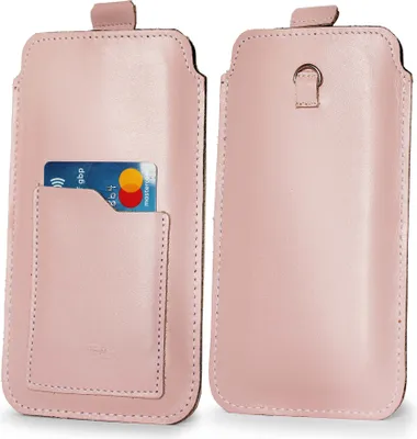 Produktbild von LURESKO ASTER 4XL Universelle Lederhülle mit Öse für ein Lanyard und Schieber für Handys bis zu 7 Zoll (glatt, rosa, weißer Faden)