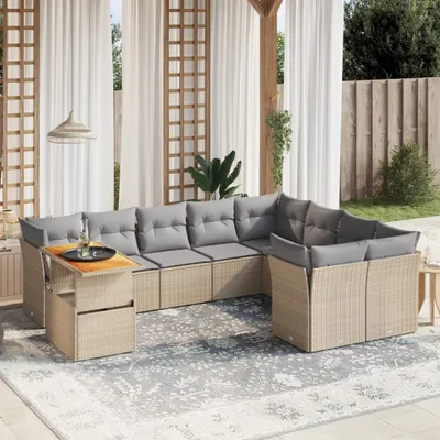 Produktbild von Design 10-tlg. Garten-Sofagarnitur mit Kissen Beige Poly Rattan, Gartenmöbel-Sets 2024 Neu