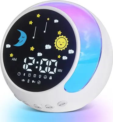 A close-up, front-facing view of a white, round alarm clock with a black digital display and colorful LED lights.