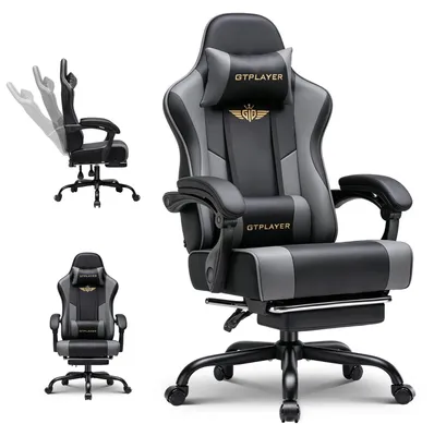 Obrázok produktu pre Herná stolička – kancelárska stolička GT806 – ergonomická, s nastaviteľnou výškou, s podnožkou, opierkou hlavy a bedrovou opierkou, potiahnutá umelou kožou – sivá