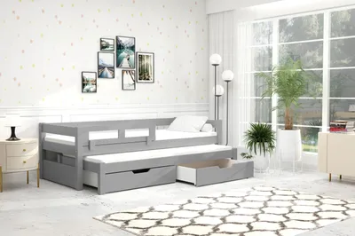 Produktbild von thematys Jugendbett Kinderbett mit abnehmbaren Rausfallschutz und Ausziehbett 2 Schubladen 90x200cm inkl. 2 Matratzen Grau Kinderbett aus Kiefernholz