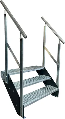 Obrázek produktu pro Mřížové ocelové příčkové schodiště 3 stupně Pozinkované a antracitově práškově lakované příčky + zábradlí na obou stranách - (d x š x v) 63 cm x 120 cm x 57 cm
