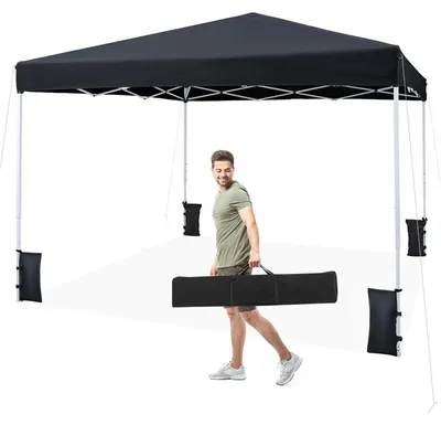 Produktbild von KOMFOTTEU 3 x 3 m Pavillon, höhenverstellbarer Pop up Gartenpavillon, Partyzelt mit Sonnenschutz & Rahmen aus Kohlenstoffstahl, Faltpavillon mit Tragetasche & 4 Sandsäcken für Garten & Camping (Schwarz)