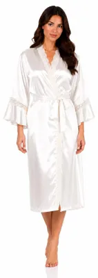 Immagine prodotto di Accappatoio da donna in raso, stile kimono, con dettagli in pizzo effetto seta, color ecru, taglia S/36